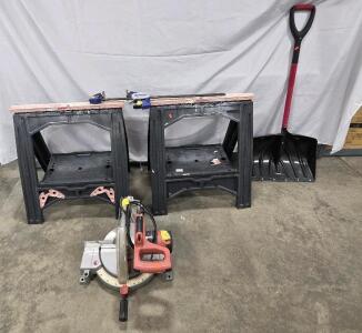 (1) SKILSAW 10" SAW (TESTED) (2) PLASTIC SAW-HORSES (Sun Faded) (1) IRWIN QUICK GRIP (LARGE) (1) SUNCAST SNOW SHOVEL (PLASTIC HANDLE)