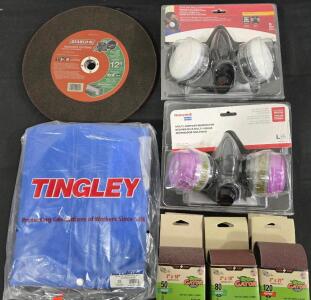 TINGLEY IRON EAGLE BLUE RAIN JACKET (4) DIABLO MASONRY 12" -1/8-3MM BLADE (1) OV/R95 PAINT SPRAY & PESTICIDE RESPIRATOR GATOR BELT SANDER BELTS (2) 50 GRIT (2) 80 GRIT (2) 120 GRIT (1) HONEY WELL MULTI-PURPOSE RESPIRATOR