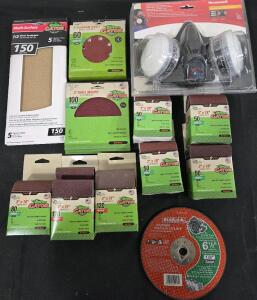 (3) GATOR BRAND 1/2 SHEET MULTI-SURFACE SAND PAPER 150 GRIT 5 PK.5" RANDOM ORBIT SANDER 60 GRIT (15PK) (4) 5" DRILL MOUNT 100 GRIT (4PK) (4) GATOR BELT SANDER 3"X18" 50 GRIT (NEW) (1) GATOR BELT SANDER 3"X18" 80 GRIT (NEW) (4) GATOR BELT SANDER 3"X18" 120