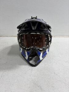 Motocross Helmet Blue/White W/ Goggles, Camera Mount, Visor, Vented - Moderate Wear, Broken Mouth Vent Area.