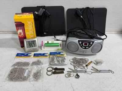 Sylvania CD Boombox, Modelier Candle Lamp, Jewelry Chain Supplies, Power Bank, Keychain Tools Lot