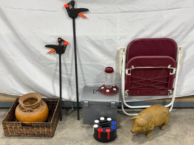 Hand-Carved Pig Sculpture &ndash; Brown, Folk Art, 18" Long, Chipped Nose, Decorative Collectible. Foldable Chair. Rectangular Basket, Round Basket. Two Adjustable Quick Release Clamps. Rubbermaid Storage Box. Rotating Poker Chip Holder Vintage With Chips. Humm