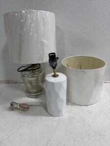 Pair of Table Lamps &ndash; Mercury Glass and Faceted White Ceramic with Drum Fabric Shades, E26 Socket
