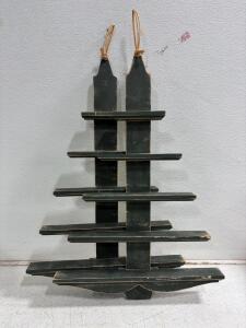 Set of 2 Wooden Distressed Christmas Tree-Shaped Hanging Shelves, 5 Tiers Each, Stackable Design. 30&rdquo;x21&rdquo;x4&rdquo;