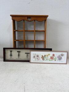 Framed Corkscrew Shadow Box by Creative Co-op, Bobbi Kelly Wildflower Print, 9-Compartment Shelf