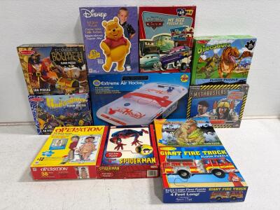Large Lot: Melissa & Doug, Disney, Operation, Marvel Floor Puzzles & Extreme Air Hockey Tabletop Game (missing pucks)