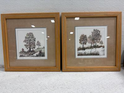 Hand-Signed H. Mrauk Framed Landscape Prints Pair, "Am Bach" & "H&ouml;henweg", Matted 14"x14"