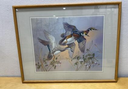Framed Wildlife Art Print, Wood Ducks in Flight, Double-Matted Oak Frame, 29x23