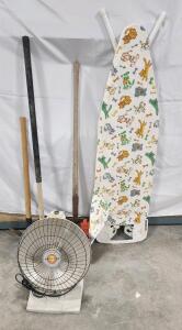 (1) Presto HeatDish Plus Tilt Parabolic Electric Heater (1) Ironing Board With Animal Design Cover (3) Assorted Gardening Tools