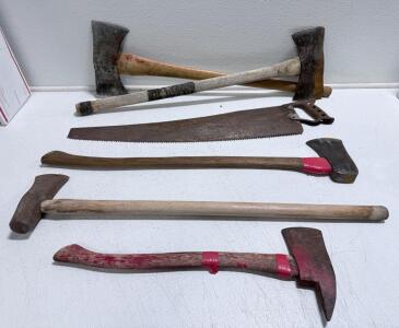 Vintage Double-Bit and Single-Bit Axes, Hatchet, One-Man Crosscut Saw Lot, USA, 1930s-1960s