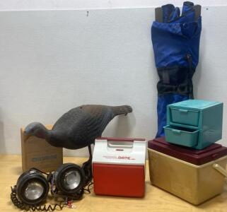 Vintage Camping Lot COOL DATE & Large Cooler, Blue Folding Chair, Decoy, Spotlights, Storage Drawers and More