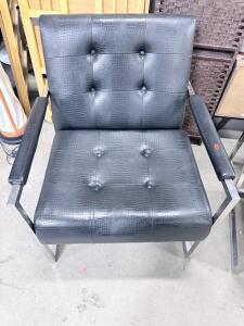 Modern Chrome Armchair, Black Faux Crocodile Leather, Tufted, Sled Base, Contemporary