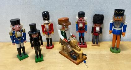 Collection of 7 German-Style Wooden Nutcracker Soldier and Craftsman Figurines, 10-13" Tall