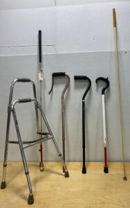 Mobility Aid Set: Folding Walker and 4 Canes (2 Standard, 2 Visually Impaired White/Red Canes), Adjustable