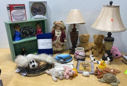 Collectibles Lot: Thomas Kinkade Clock, Rosaline Dish, Lamps ( Works), TY Beanie Babies, Porcelain Doll and so Much More
