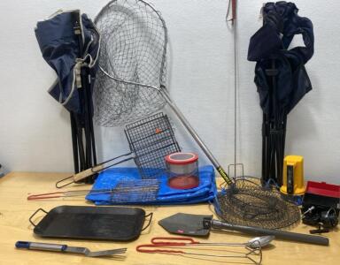 Garcia Mitchell 300 Spinning Reel, 2 Fishing Nets, Camp Chairs, Grill Baskets, Gear Lot
