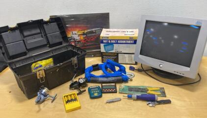 Tool Box Lot w/ LCD Monitor, Storehouse Nut & Bolt Assortment, Radica Blackjack, Fishing Gear