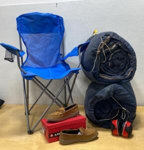 Airwalk Mason Moc Size 9, Blue Folding Camping Chair, 2 Sleeping Bags, Red Safety Earmuffs Lot