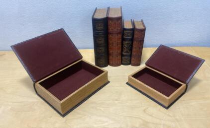 Antique-Style Decorative Book Box Storage Set, 6 Pieces, Ornate Faux Leather, Red Velvet Lining