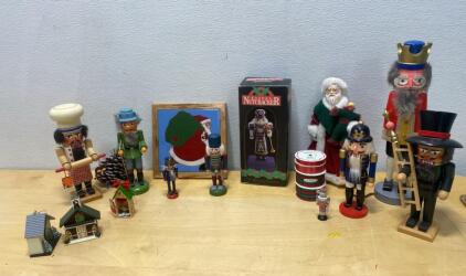 Christmas Wooden Nutcracker Figurines Lot &ndash; 3&ndash;16in, Boxed 14.5in, Decor Props, Santa, Houses