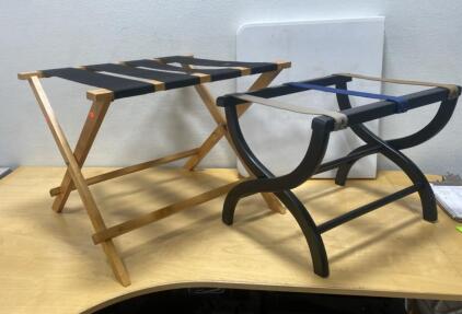 Folding Luggage Racks (Wood and Black with Curved Legs) and 48 x 21" Bi-fold Carry Table