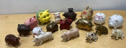 Vintage Piggy Bank Collection &ndash; 17 Assorted Ceramic & Metal Novelty Coin Banks, Mid-Century Lot