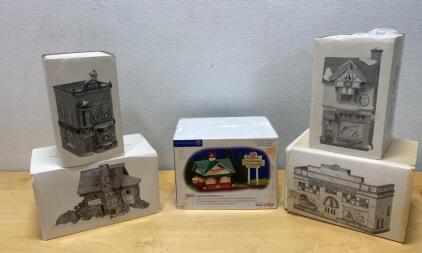 Department 56 Snow Village Krispy Kreme Doughnut Shop #55076 & 4 Ceramic Lighted Buildings with Boxes