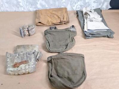 (1) Leather Tool Pouch W/ Web Belt, (2) Canvas Pouches, (1) Pair Of Insulated Glove Inserts & (1) Small Canvas Work Tarp