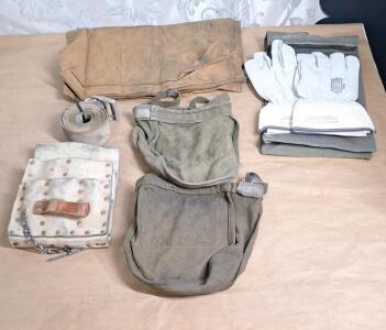 (1) Leather Tool Pouch W/ Web Belt, (2) Canvas Pouches, (1) Pair Of Insulated Glove Inserts & (1) Small Canvas Work Tarp