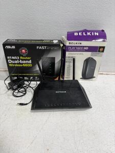 Lot of 3 Dual-Band Wireless Routers: Netgear AC1750 R6400v2, Asus RT-N53, Belkin Play N600 HD