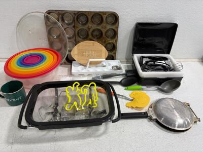 Assorted Kitchenware Bundle: Hamilton Beach Mixer, Muffin Trays, Mixing Bowls, Cookie Cutters, Pancake Pan