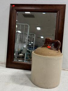 2 Gallon Brown & Tan Stoneware Jug - Early 20th Century, 12"x8", Classic Whiskey/Moonshine Design. Wood framed mirror approx 15&rdquo;x20&rdquo;