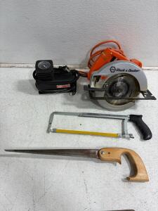 Black & Decker 7390 Circular Saw 7-1/4", 250 PSI 12V Air Compressor, Hacksaw, Hand Saw. Circular saw powers on.