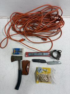 Assorted Tool Lot: Hatchet w/ Sheath, 50ft Extension Cord, Stanley Level, Utility Knives, Grommets
