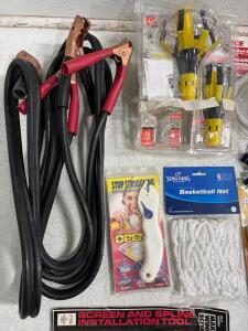 Mixed Hand Tool Lot: Jumper Cables, Spalding Basketball Net, Multi-Tools, Hardware, Accessories