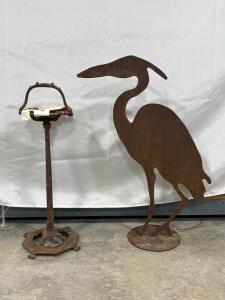 Vintage Cast Iron Ashtray Stand & 36" Metal Heron Garden Sculpture, Rusted Finish, Ornate Base