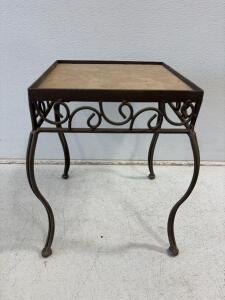 Wrought Iron and Stone Side Table, Decorative Scrollwork, 16"x16"x18", Indoor/Outdoor