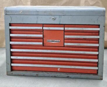 (1) Vintage Craftsman 10- Drawer Tool Box Chest (no key) W/ Assorted Misc Hand Tools & Hardware