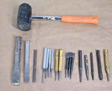 (1) Rubber Mallet, (3) Cold Chisles & (14) Assorted Punches