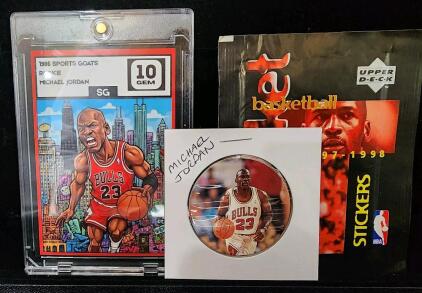 (1) Collectible 1986 Sports Goats Michael Jordan Rookie Art Card (1) Factory-Sealed Pack of 1997-98 Upper Deck Basketball Stickers (1) 1995 Upper Deck Michael Jordan Street Kap