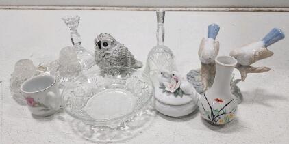 (1) Michael C. Fina 24% Lead Crystal Hexagonal Candlestick Holder (1) Vintage Porcelain Bird Figurine Floral Branch Accent (1) VTG Bone China Swans in Flowers Trinket Dish (1) Fantasia Princess House Poinsettia Replacement Soup Salad Cereal Bowl And More