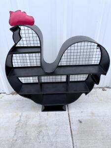 Large Metal Rooster-Shaped Wall Shelf Organizer, Black & Red, 36"x36" Steel, 7 Compartments