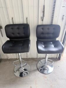Pair of Modern Adjustable Black Faux Leather Bar Stools with Chrome Base and Tufted Back