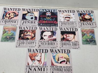 One Piece Straw Hat Wanted Posters Set of 9 + Pok&eacute;mon Victini SVP 208 Promo Holo Cards x2