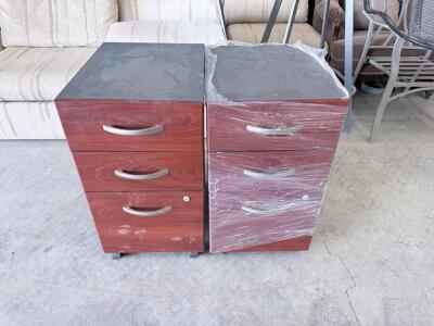 2 Mobile Office Pedestal Filing Cabinets, 3 Drawers, Locking, Gray/Brown, Casters