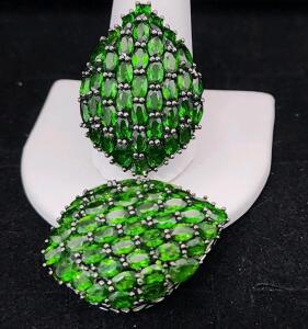 (1) Size 10 1/2 Emerald Cluster .925 Silver Ring (1) Emerald Cluster .925 Pendant WO/ Chain
