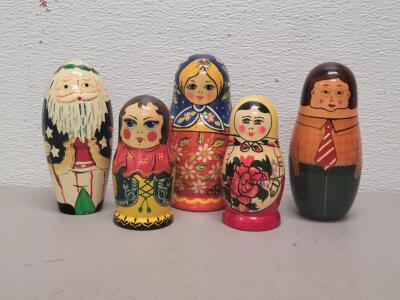5 Sets Russian Matryoshka Nesting Dolls Hand-Painted Wood, 7-Piece, Santa & Traditional Designs