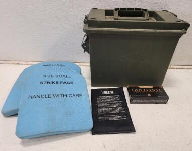 (1) Box of 9MM 124GR +P Speer Gold Dot HP 53617 (50 rounds) (1) Rugged Green Polymer Ammunition Storage Box (1) Safariland SAF-T-PAK Trauma Reduction Device (2) Small Arms Protective Insert (SAPI) Ceramic Ballistic Plate