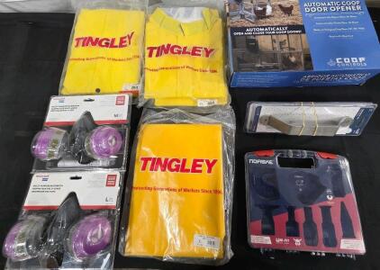 (2) HONEY WELL MULTI-PURPOSE RESPIRATOR (1)(Medium) (1)(Large)(2) TINGLEY INDUSTRIAL RAIN SUIT (XTRA LARGE) AUTOMATIC CHICKEN COOP CHARLESTON GRAB (HANDLES SET OF 2) NORKE 10 Piece Oscillator Tools Uni Fit