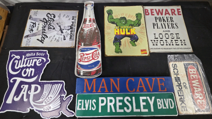 (2) ElVIS SIGNS (1)Pepsi LIGHT SIGN (1)Hulk SIGN (1)ABITA BEER SIGN(1)POKER SIGN (1)MANCAVE SIGN (1)SCHIPPERKE SIGN